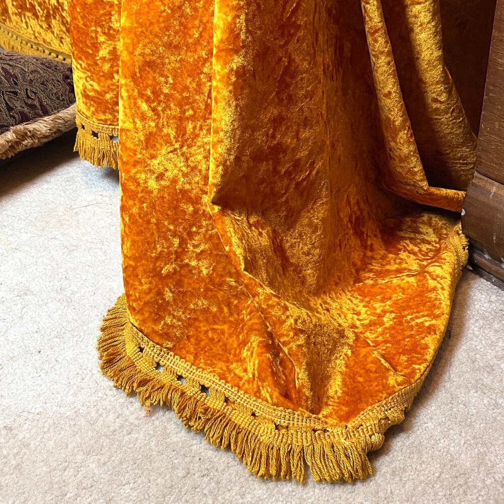 Vintage 1970s Gold Crushed Velvet Bedspread Fringe Full JCPenney Fashion Manor